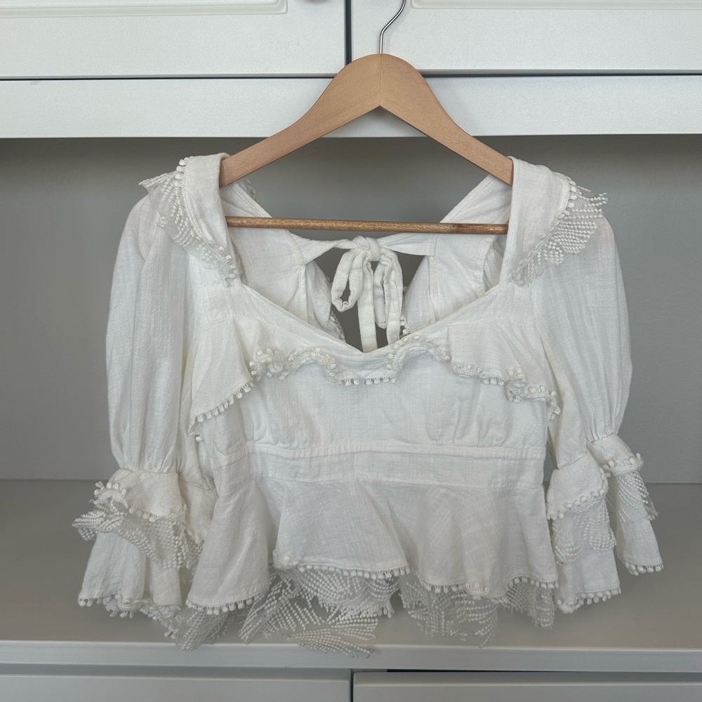White Tie-Back Blouse with Ruffle and fun Trim